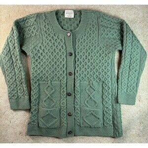 WOMEN'S KILRONAN KNITWEAR IRISH 100% MERINO WOOL BUTTON KELLY GREEN SWEATER XS